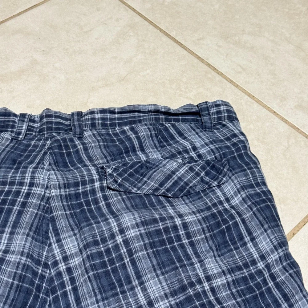 Saks Fifth Avenue Threads Shorts Mens 33 Blue Plaid 100% Linen Flat Front Summer